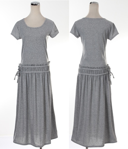 maxi dress ชุดเดรสยาว ใส่เที่ยว ใส่ทำงาน แฟชั่นเกาหลี ผ้า cotton สายผูกเย็บติดในตัว สีเทา เท่ห์ๆ Asia Street Fashion