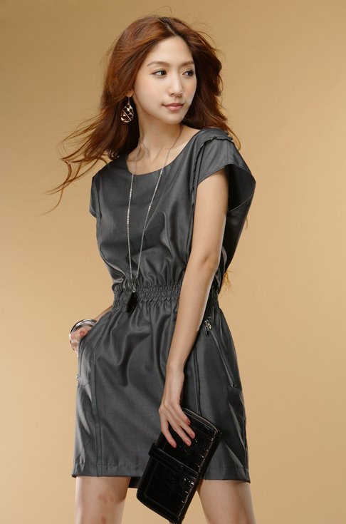 dress เดรสสั้นคอกลม สีเทาเข้ม จั๊มเอว ใส่ทำงาน ใส่เที่ยว สวยๆ Asia Street Fashion