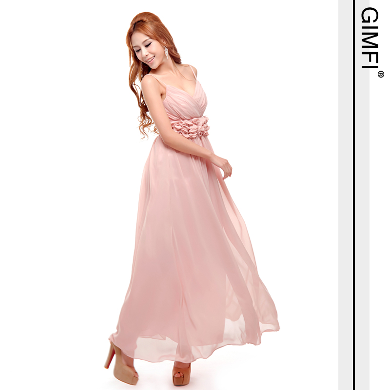 MAXI DRESS ชุดเดรสยาวแฟชั่นสายเดี่ยว ชุดราตรี คอวี ผ้าชีฟอง สีชมพู แต่งดอกไม้ ใส่ไปงานแต่งงาน ออกงาน น่ารัก สวยๆ ASIA STREET FASHION