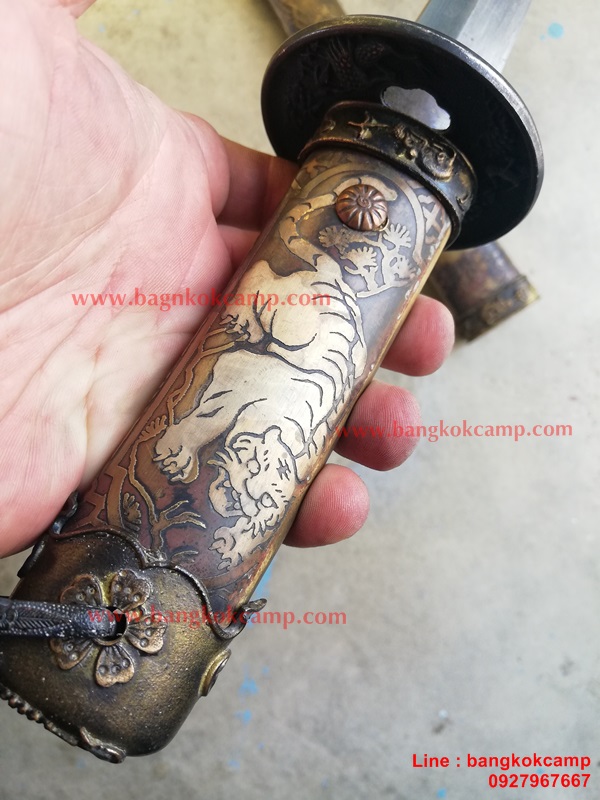 ซามูไรสั้น ดาบญี่ปุ่น ลายเสือเล่มเล็ก ฮาราคีรี ใบมีดเป็นเหล็กลาย (ใบมีดดามัสกัส)