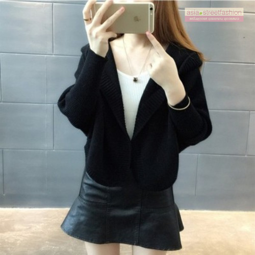 เสื้อคลุมกันหนาว ไหมพรมถัก ตัวสั้นมีฮู๊ด มีให้เลือกหลายสี พร้อมส่ง สีดำ