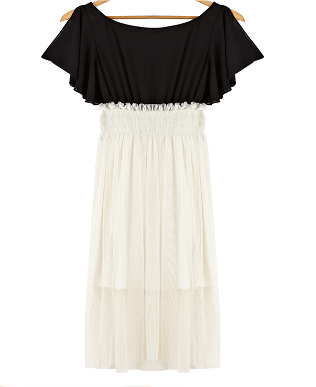 MAXI DRESS ชุดเดรสยาวแฟชั่นแขนสั้น ใส่ทำงาน เที่ยว ตัวเสื้อสีดำ กระโปรงสีขาวครีมผ้ามุ้ง ใส่ออกงาน สวยๆ ASIA STREET FASHION