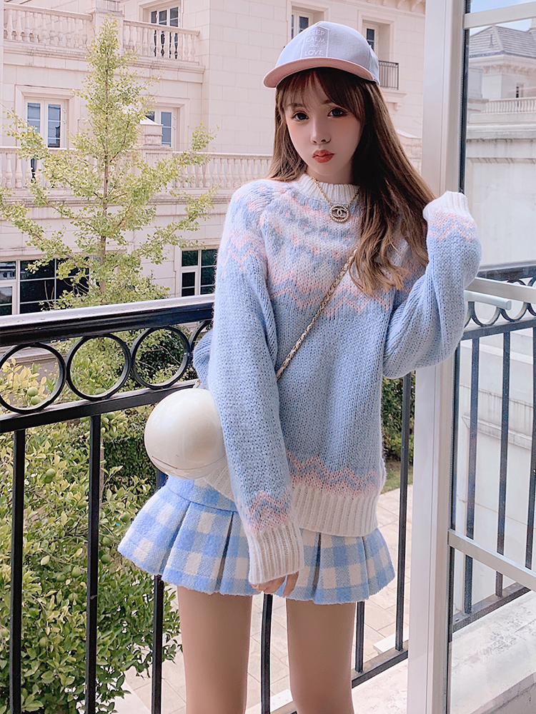 พรีออเดอร์ : เสื้อสเวตเตอร์กันหนาวสีฟ้าแขนยาวน่ารักๆ สไตล์ญี่ปุ่น