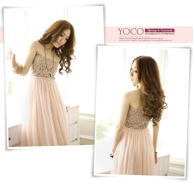 maxi dress ชุดเดรสยาวใส่ไปงานแต่งงาน เกาะอก สีชมพูโทนน้ำตาล กระโปรงตัดต่อผ้ามุ้ง ใส่ออกงาน น่ารักๆ สวยๆ Asia Street Fashion