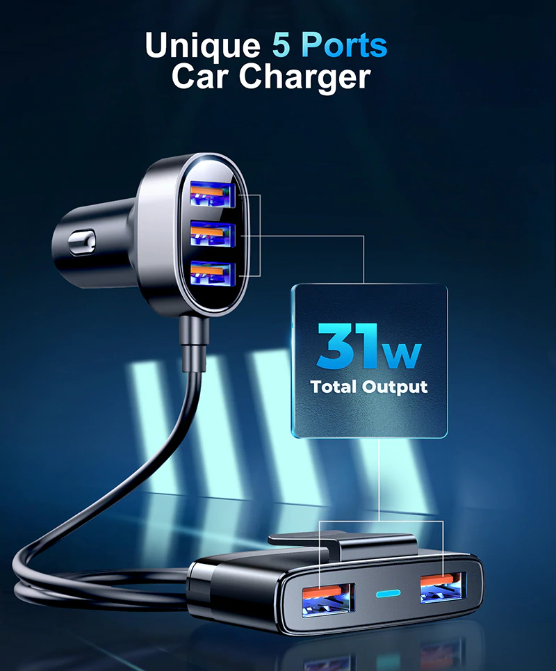 Joyroom JR-CL03 Car Charger 5 USB Ports - ที่ชาร์จในรถแบบ 2 จุด สามารถติดเบาะหลังได้ 5V/6.2A / 31W