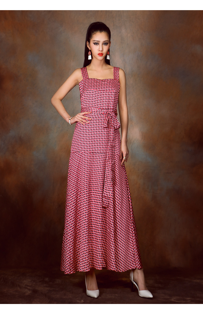 maxi dress - ชุดเดรสยาว ลายสีชมพู ดำ ใส่ออกงาน ใส่เที่ยว เชือกผูกเอว สวยๆ Asia Street Fashion