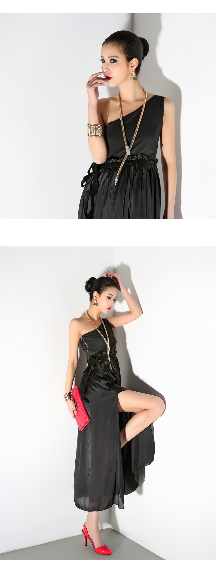 MAXI DRESS ชุดเดรสยาวผ้าชีฟอง เปิดไหล่ สีดำ ใส่ออกงาน สวย เซ็กซี่ ASIA STREET FASHION