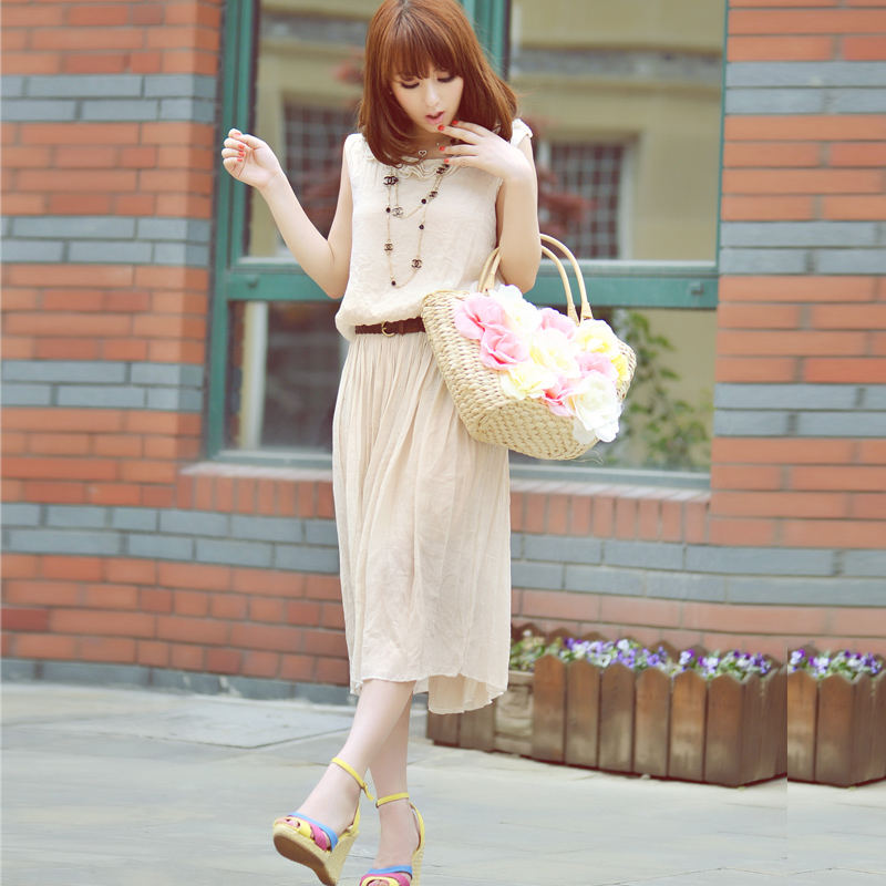 maxi dress - ชุดเดรสยาวเสื้อกล้าม สีเบจ แต่งคอ จั๊มเอว ใส่ไปทะเลชิวๆ ใส่ทำงาน เก๋ไก๋ น่ารัก Asia Street Fashion (พรีออเดอร์)