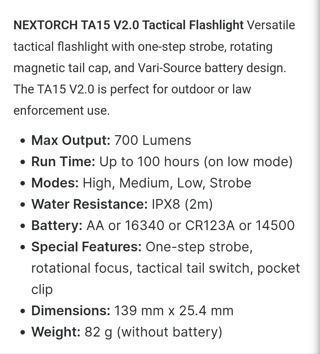 ไฟฉาย NEXTORCH TA15 V2.0 Tactical Flashlight (Multi-Battery Compatibility)