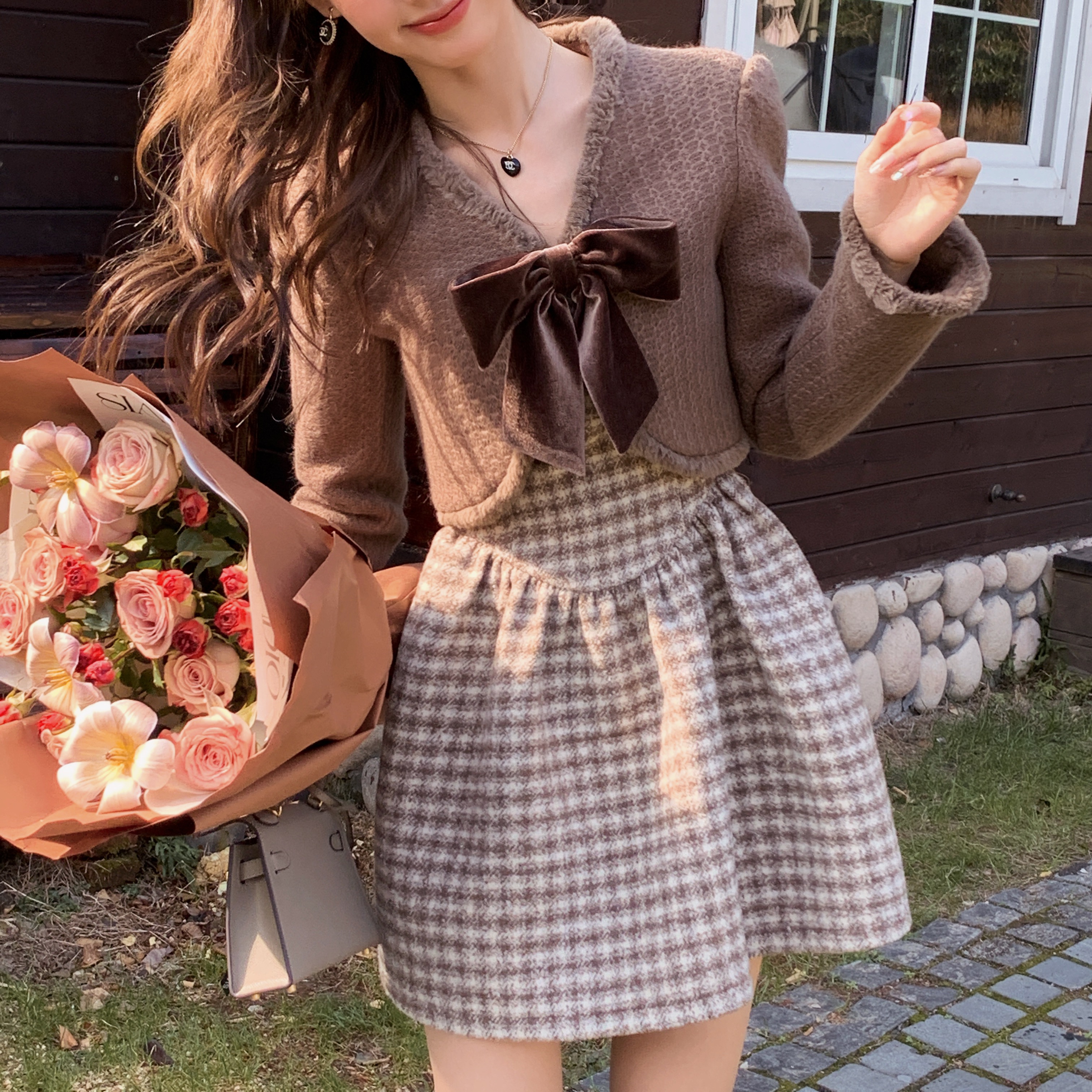 Acaine : พรีออเดอร์ ชุดเซต เสื้อคลุมแฟชั่นแขนยาว และ เดรสแขนกุดลายสก็อตผ้าขนสัตว์ (ราคาแยกชิ้น) มีให้เลือก 2สี แบรนด์แท้