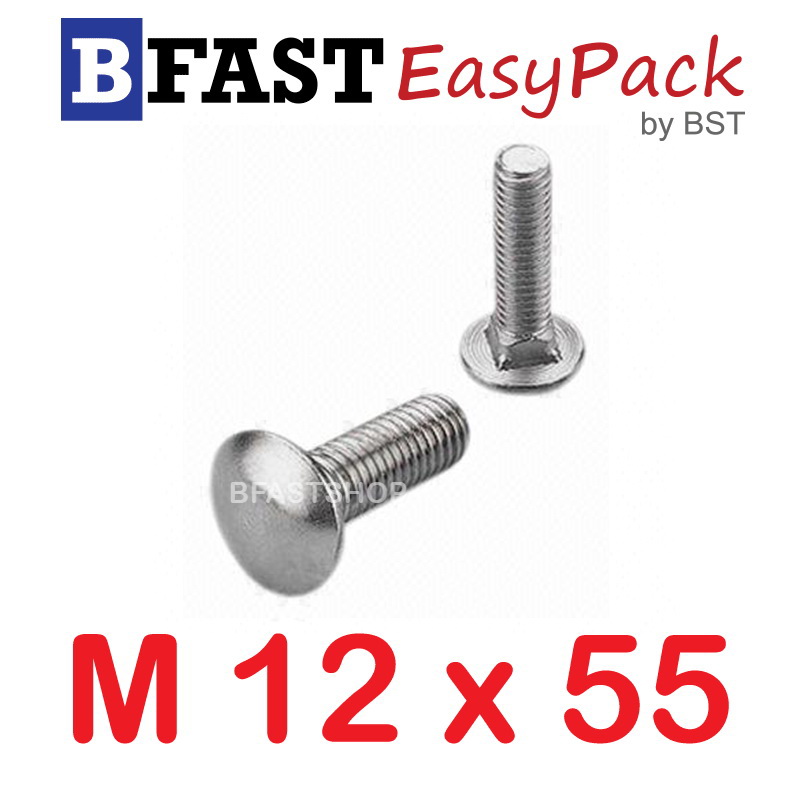 สกรูหัวกลมคอเหลี่ยมสแตนเลส M12 x 55 (1 ตัว/ถุง)