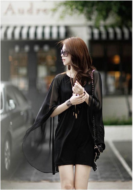 DRESS ชุดเดรสแฟชั่นเกาหลี ผ้า COTTON ตัดต่อผ้าชีฟอง สีดำ ใส่ออกงานได้ ASIA STREET FASHION