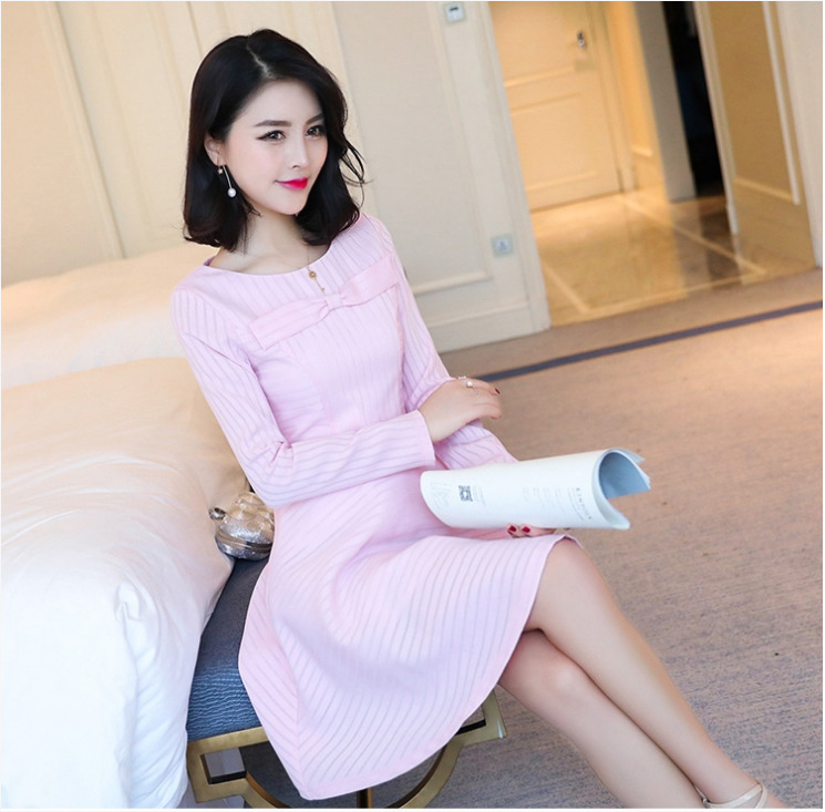 ชุดเดรสทำงานสีชมพู แขนยาว แนวเรียบร้อย น่ารัก สไตล์สาวออฟฟิศ