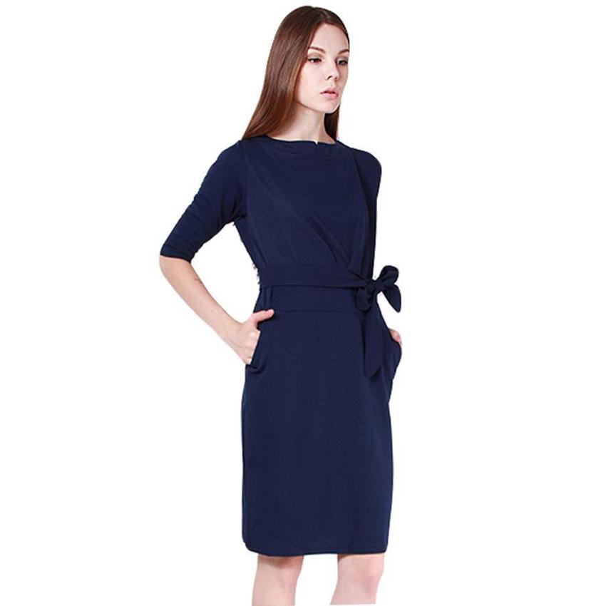 LALANG Women Half Sleeve Women is Fashion Dresses O-Neck Slim Casual Dark Blue