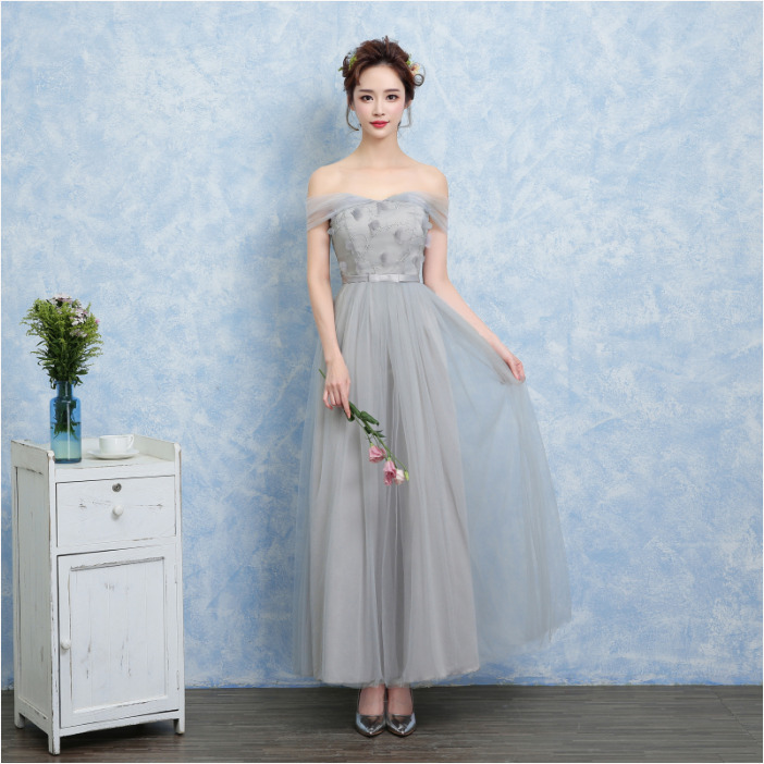 ชุดราตรียาวสีเทา เปิดไหล่ ผูกโบว์หลัง เรียบหรู สวยสง่า ดูดี สไตล์สาวหวาน ใส่ออกงานกลางคืน / ไปงานแต่งงาน / ชุดเพื่อนเจ้าสาว