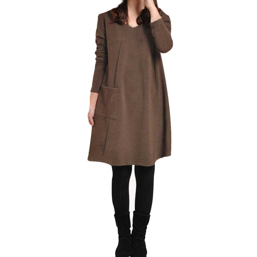 Ladies Long Sleeve Pockets V-Neck Loose Casual Women - Dresses