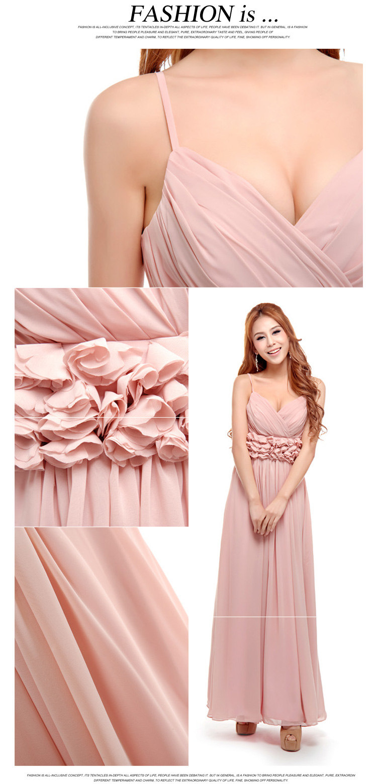 MAXI DRESS ชุดเดรสยาวแฟชั่นสายเดี่ยว ชุดราตรี คอวี ผ้าชีฟอง สีชมพู แต่งดอกไม้ ใส่ไปงานแต่งงาน ออกงาน น่ารัก สวยๆ ASIA STREET FASHION