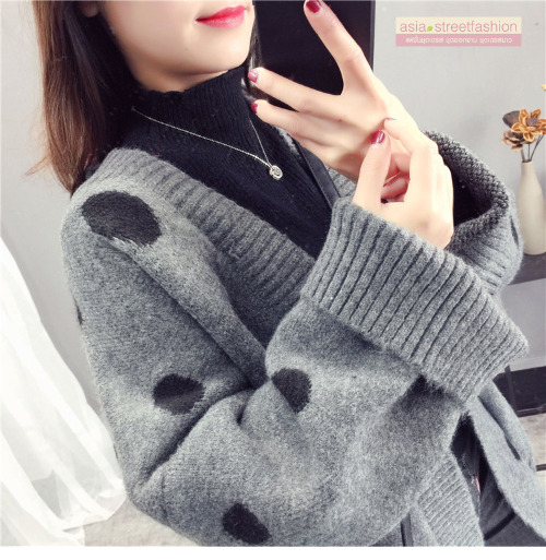 เสื้อกันหนาวไหมพรมถัก ทรงสวย แบบน่ารัก ทอลายจุด พร้อมส่ง เทาลายดำ