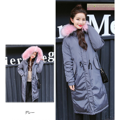 เสื้อกันหนาวฮู้ดดี้ ทรงยาว แต่งเฟอร์หนาฟู งานเกรดดีเหมือนแบบ บุนวมหนา อุ่นมาก หิมะก็เอาอยู่ (ถอดขนถอดฮู้ดได้) เทาฮู้ดชมพู