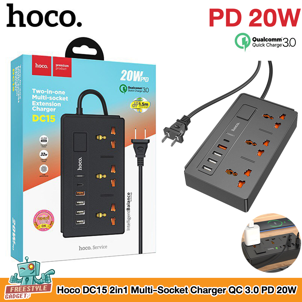 Hoco DC15 2in1 Multi-Socket Charger QC 3.0 PD 20W - รางปลั๊กไฟ ปลั๊กพ่วง 3 ช่อง และ USB 4 ช่อง PD 1 มีเทคโนโลยีชาร์จเร็วทั้ง PD 20W และ Quick Charge 3.0