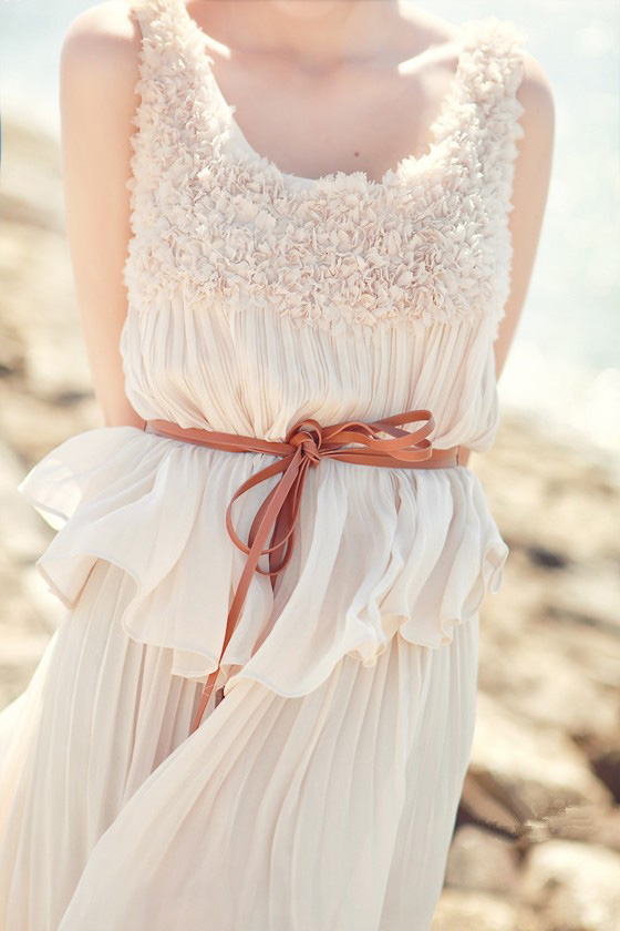 maxi dress ชุดเดรสยาวแขนกุด ผ้าชีฟอง ใส่ไปงานแต่งงาน สีแอพพริคอท แต่งพริ้วอัดพลีทรอบอก ใส่ออกงาน Asia Street Fashion