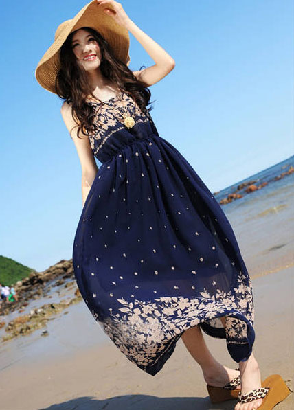 maxi dress เดรสยาวผ้าชีฟอง ใส่เที่ยวทะเลชิวๆ สีน้ำเงิน สวย น่ารักๆ Asia Street Fashion