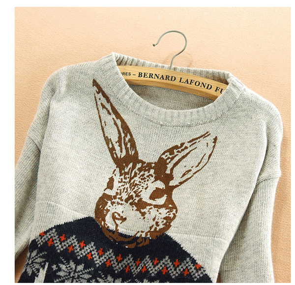 fashion เสื้อกันหนาวไหมพรม ลายกระต่าย คอกลม สีเทา ใส่เที่ยว น่ารักๆ