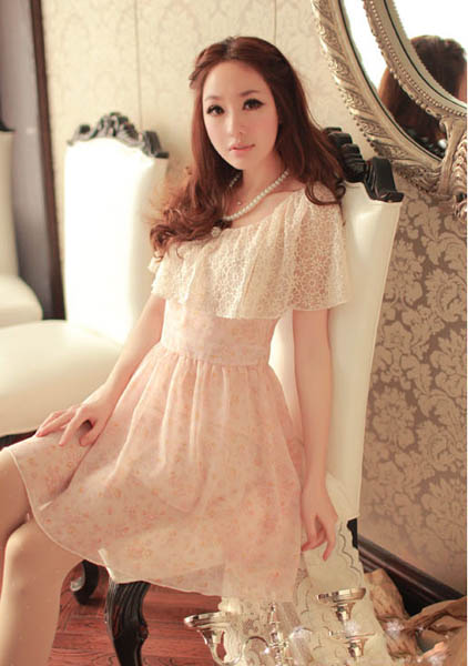 dress ชุดเดรสแฟชั่นผ้าชีฟอง แต่งผ้าลูกไม้ แขนกุด ใส่ทำงาน สีชมพู ลายดอกไม้ ใส่ออกงาน น่ารัก