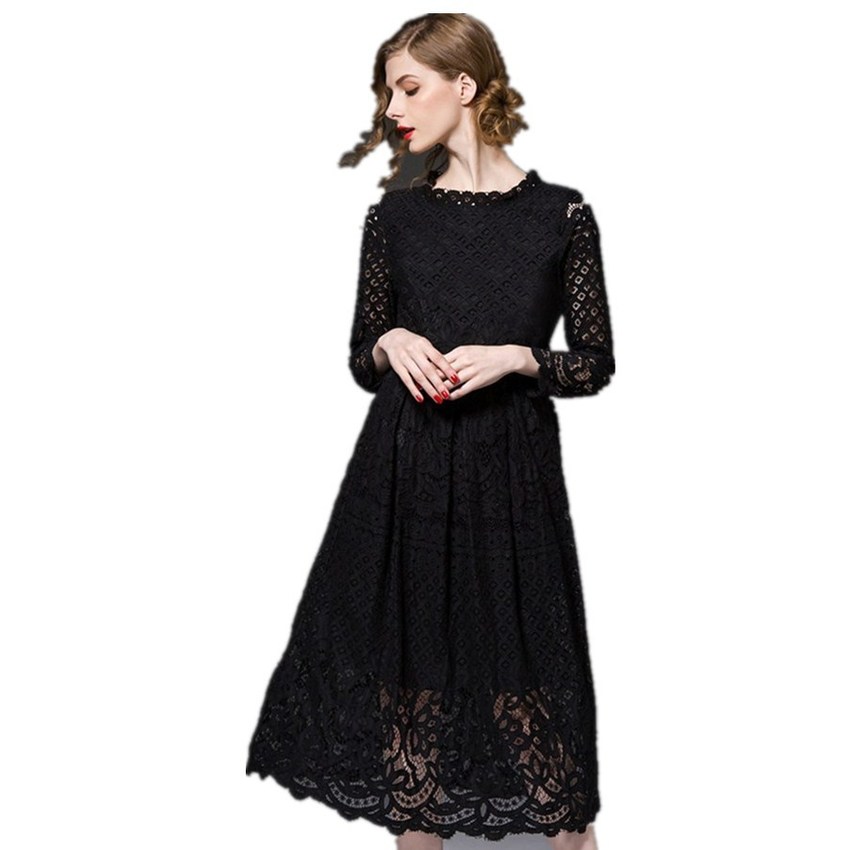 Europe and the United States Sexy Long-sleeved Hollow Out of BudSilk Womens Dresses Online (Black)