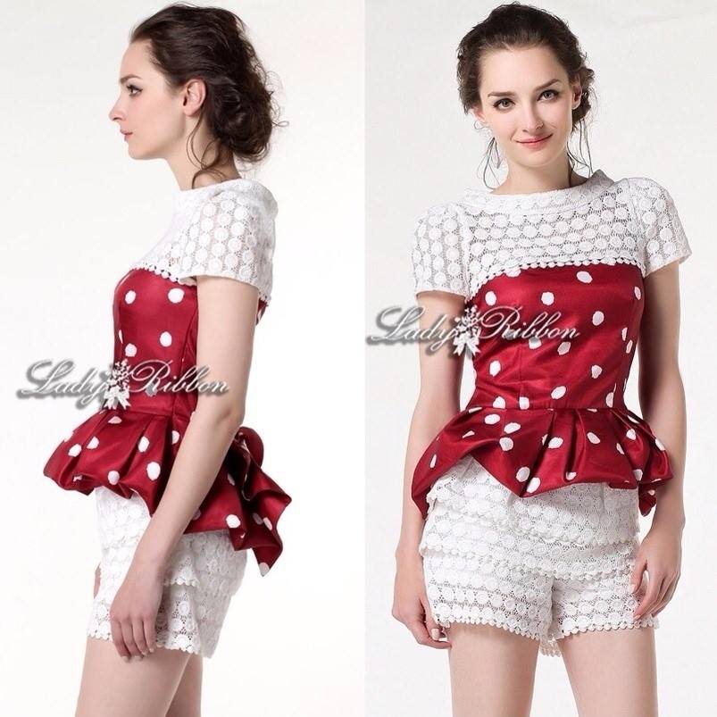 Lady Ribbon Red Rouge Polka dot SilkLace Set, JORYA rtw Collection 2013 เซ็ตเสื้อกางเกงผ้า silk