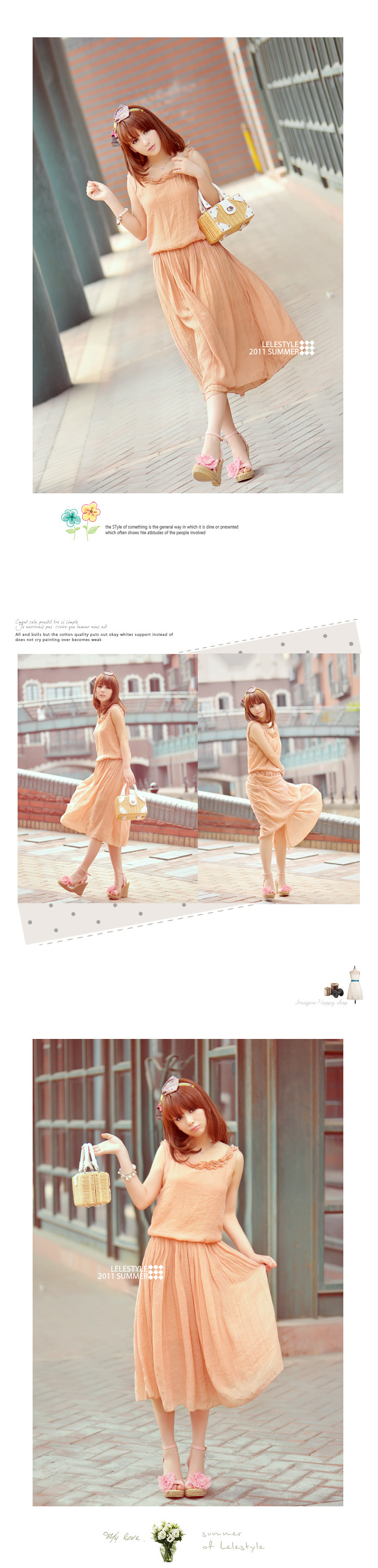 maxi dress ชุดเดรสยาว ใส่ทำงาน ใส่เที่ยว เสื้อกล้าม สี Apricot จั๊มเอว ใส่ไปทะเลชิวๆ น่ารักๆ Asia Street Fashion