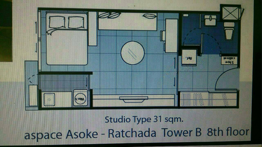 ขาย Condo A space Asoke Ratchada คอนโดเอสเปซ อโศกดินแดง ห้องสตูดิโอ ขนาด 31 ตร.ม ตึก B ชั้น 8 ขาย พร้อมเฟอร์นิเจอร์ในห้อง พร้อมเครื่องใช้ไฟฟ้าครบ
