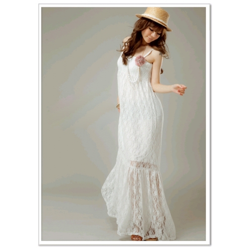 maxi dress ชุดเดรสยาวผ้าลูกไม้ สายเดี่ย; สม๊อกอก สีขาว ใส่ไปงานแต่งงาน น่ารัก ใส่ออกงาน สวยมาก Asia Street Fashion