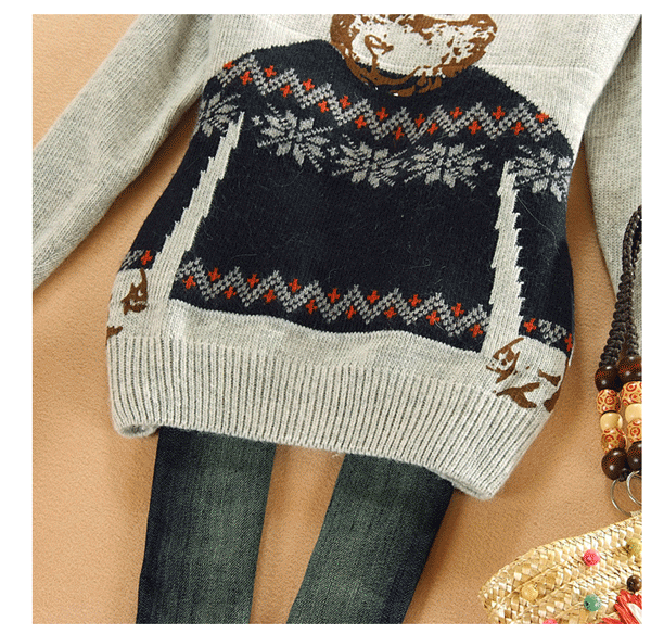 fashion เสื้อกันหนาวไหมพรม ลายกระต่าย คอกลม สีเทา ใส่เที่ยว น่ารักๆ