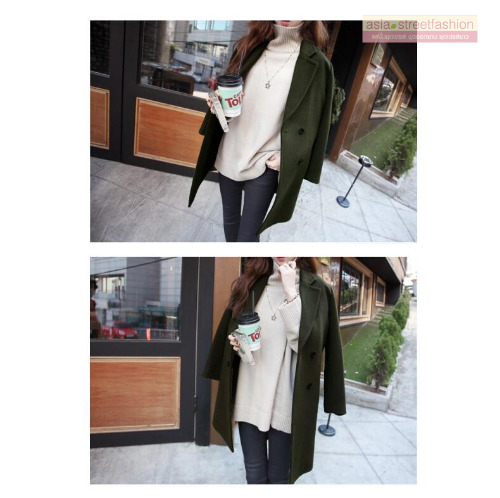 เสื้อโค้ทกันหนาว สไตล์เกาหลี ทรงเรียบง่าย ทรงยาว ดูดี ผ้าวูลผสมบุซับในกันลม จะใส่คลุม หรือใส่เป็นโค้ทก้สวยเก๋ พร้อมส่งจ้า เขียวเข้มขี้ม้า
