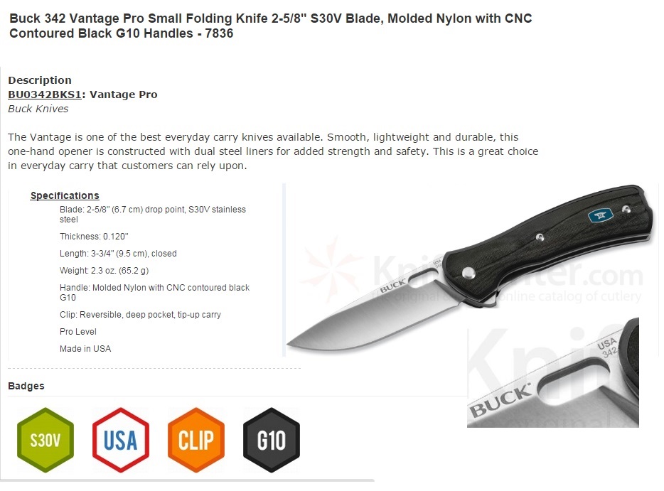 มีดพับ Buck 342 Vantage Pro Small Folding Knife 2-5/8" S30V Blade, Molded Nylon with CNC Contoured Black G10 Handles - 7836