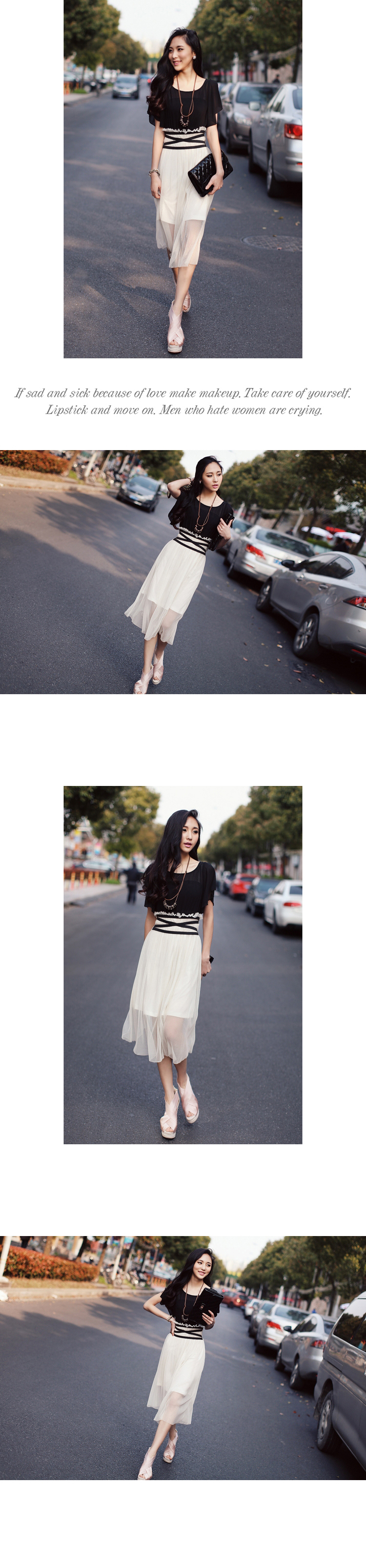 MAXI DRESS ชุดเดรสยาวแฟชั่นแขนสั้น ใส่ทำงาน เที่ยว ตัวเสื้อสีดำ กระโปรงสีขาวครีมผ้ามุ้ง ใส่ออกงาน สวยๆ ASIA STREET FASHION