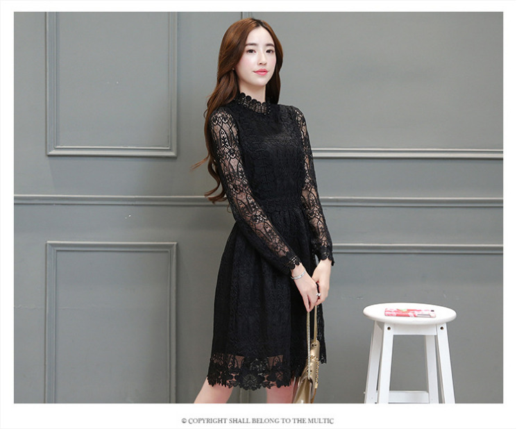 ชุดเดรสทำงานสีดำ ผ้าลูกไม้ แขนยาว กระโปรงทรงบาน