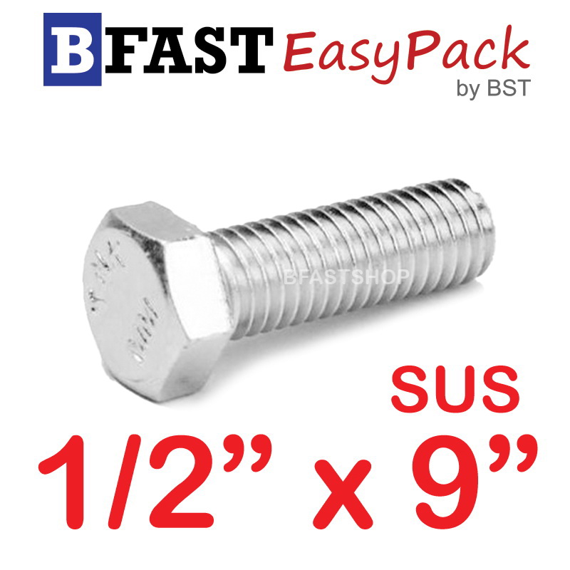 สกรูหัวเหลี่ยมสแตนเลส 1/2" x 9" (1 ตัว)