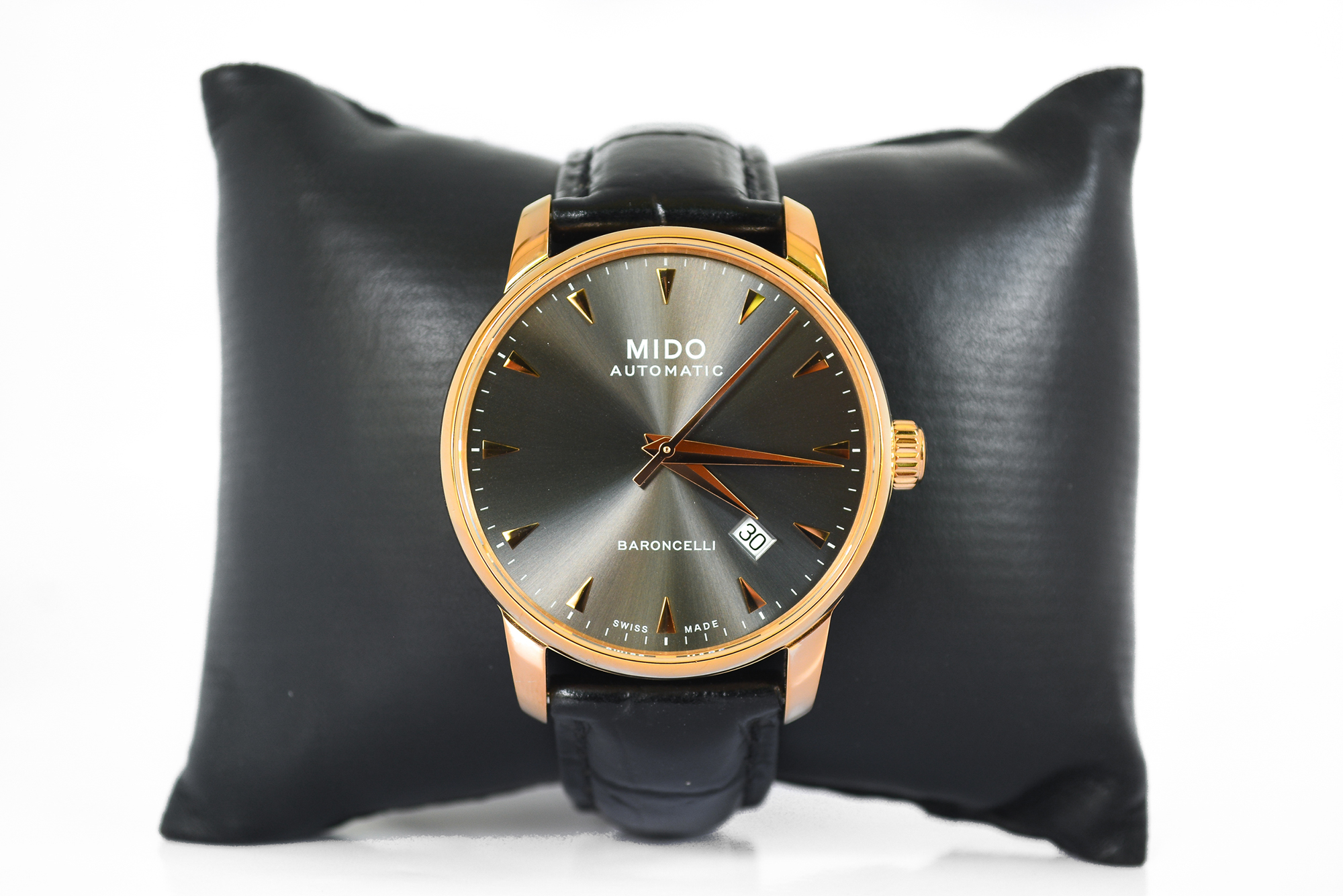 Mido Baroncelli Automatic date pink gold หน้าดำ สายหนัง