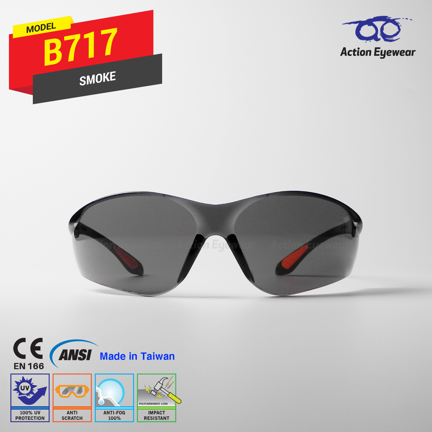แว่นตานิรภัย รุ่น B717 (กันฝ้า 100%) เลนส์ดำ