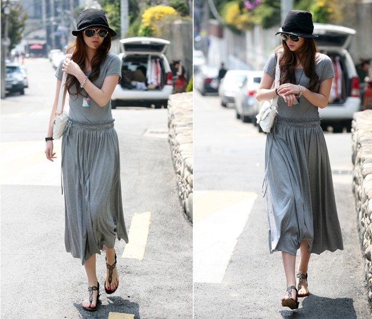 maxi dress ชุดเดรสยาว ใส่เที่ยว ใส่ทำงาน แฟชั่นเกาหลี ผ้า cotton สายผูกเย็บติดในตัว สีเทา เท่ห์ๆ Asia Street Fashion