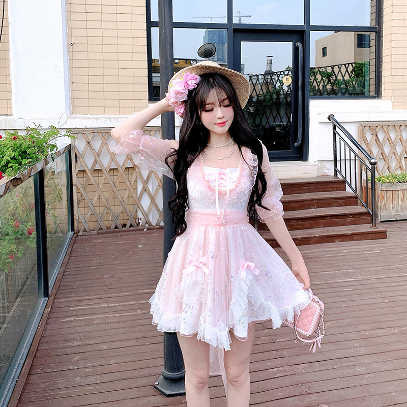 Summer Joy : พรีออเดอร์ เดรสชีฟองแฟชั่นสไตล์เกาหลีญี่ปุ่นน่ารักๆ ประดับโบว์ (สินค้าไม่รวมสายรัดเอวผูกโบว์ใหญ่ด้านหลัง) แบรนด์แท้