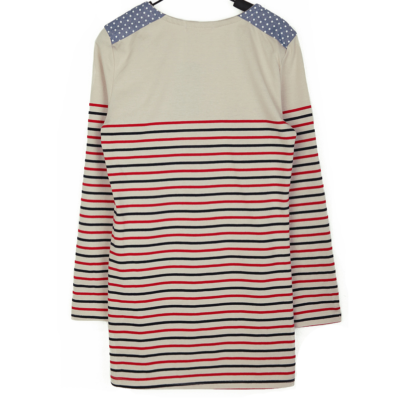 FASHION เสื้อแฟชั่นแขนยาว คอกลม สีเบจ ลายเส้นสีแดง น้ำเงิน ใส่เที่ยวชิวๆ น่ารักๆ ใส่กันหนาว ASIA STREET FASHION