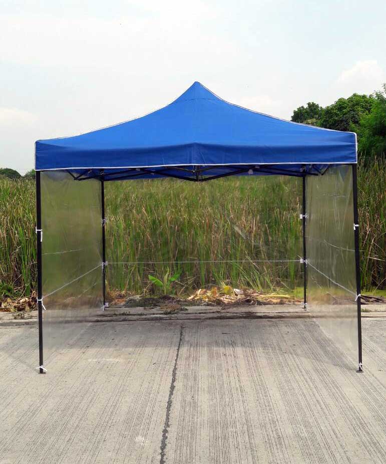 เต็นท์พับได้ สีน้ำเงิน ขนาด 3m x 3m พร้อมพลาสติกใส 3 ด้าน