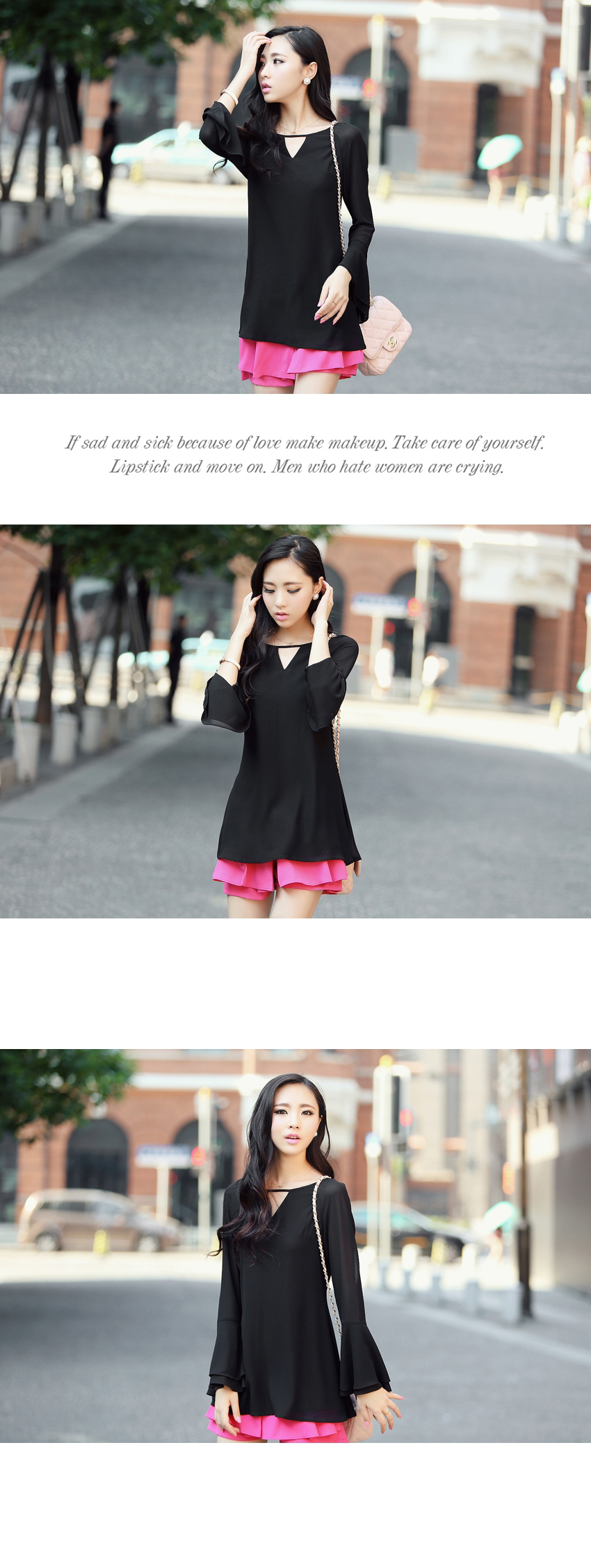 FASHION เสื้อแฟชั่นผ้าขีฟอง ใส่ทำงาน ใส่เที่ยว สีดำ เซ็กซี่ ดูดีมีสไตล์ ASIA STREET FASHION