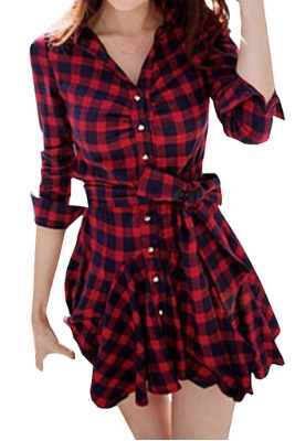 Lovaru Casual Long Sleeve Grid Womens Dresses Online (Red)