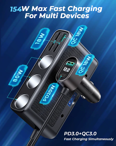 Joyroom JR-CL06 Car Charger 3 Port/6ช่อง มาพร้อม LED 154 W PD+QC3.0+USB*4 ที่ชาร์จในรถแบบ 2 จุด สามารถติดเบาะหลังได้