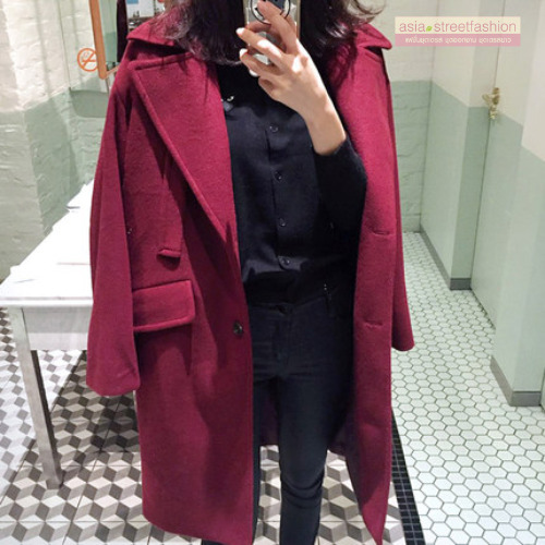 OverCoat เสื้อโค้ทกันหนาว สไตล์เกาหลี แต่งสายคาดหลัง ทรงโคล่ง ผ้าวูลผสมเนื้อดี บุซับในกันลม พร้อมส่ง แดงไวน์