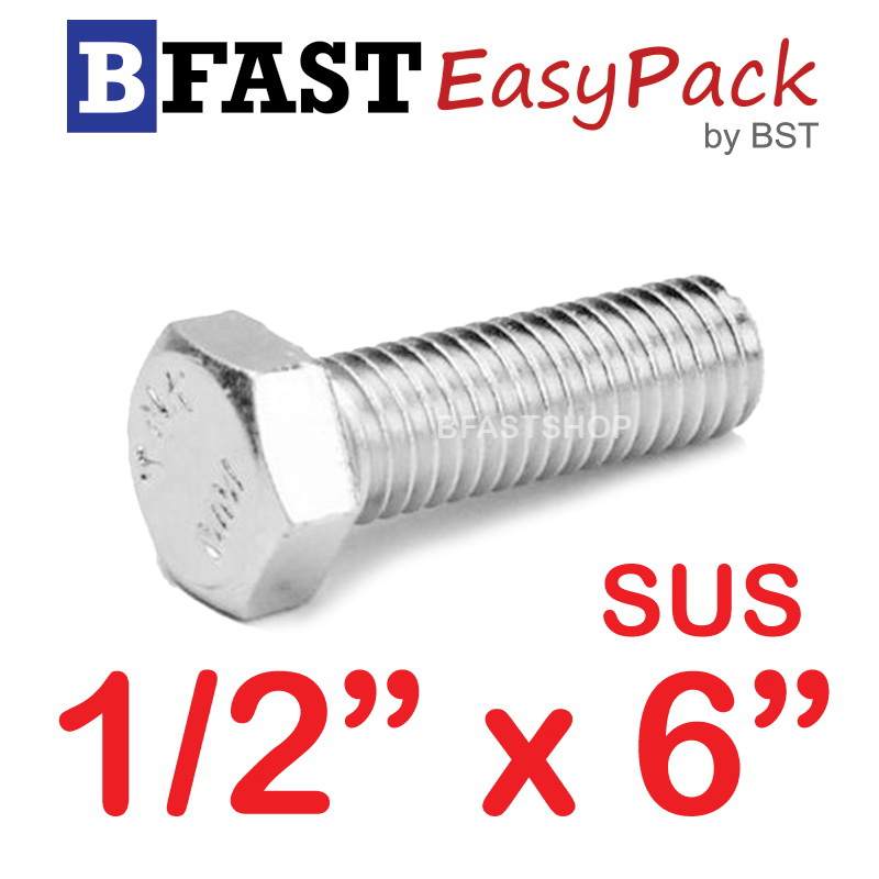 สกรูหัวเหลี่ยมสแตนเลส 1/2" x 6" (1 ตัว)